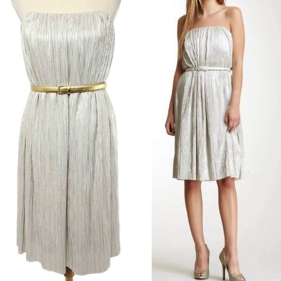 FRENCH CONNECTION Lola Metallic Silver Pleated Strapless Belted Dress Size 10 - Picture 1 of 6